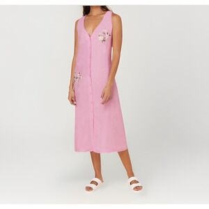 NEW Andie x Fanm Mon The Anamur Dress Linen Pink Embroidery Resort Wear Sz Large